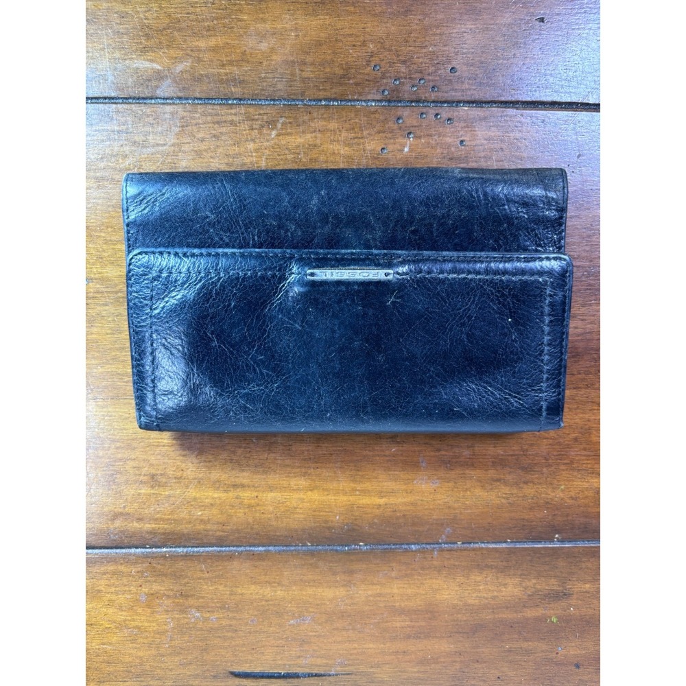Fossil Trifold Wallet Womens OS Black Genuine Leather Snap ID Window Organizer